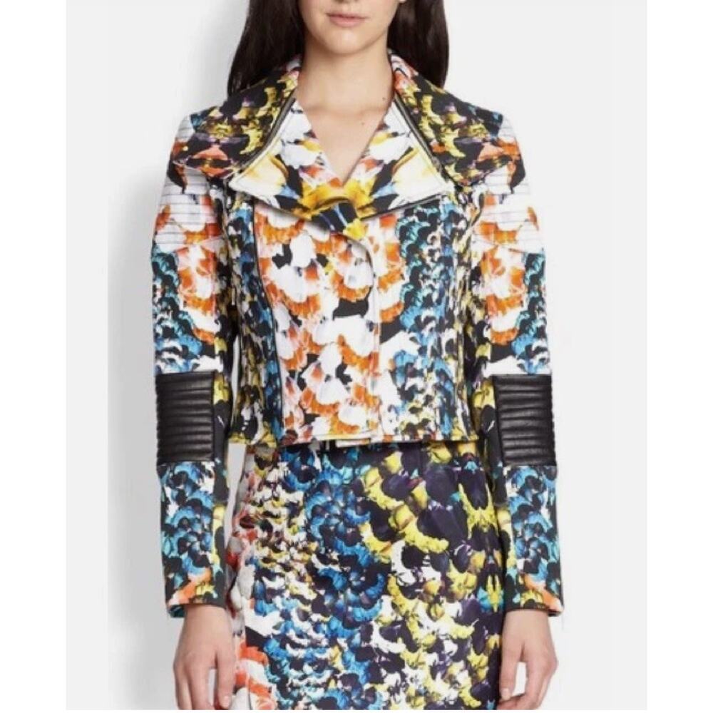 Nicholas Digi Floral Moto Jacket‎ Cotton Blend Leather Trim Multicolor US 4 - Picture 2 of 16